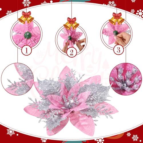 36 Pcs Christmas Glitter Artificial Poinsettia Flowers Xmas Poinsettia Artificial Wedding Flowers Decorations Xmas Tree Ornaments with Clips for Party, 6 Inch, 4 Inch, 3 Inch(Peach Pink, Silver) - color: Peach Pink, Silver