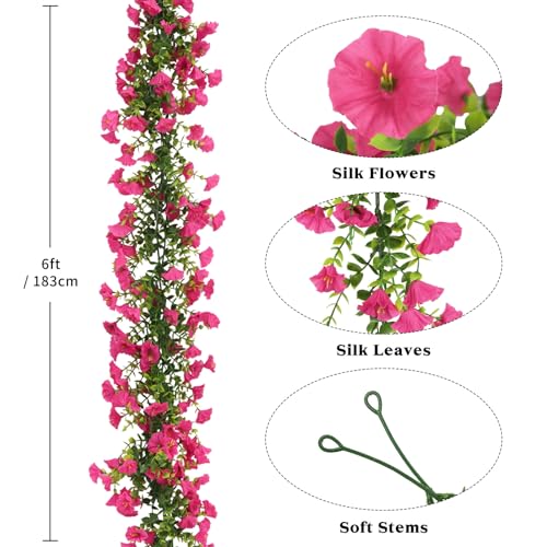 2 Pack Hot Pink Artificial Petunias Flowers Vine Garlands for Outdoor, 6FT Fake Morning Glory Hanging Flowers for Home Garden Table Centerpieces Wall Wedding Decor(Hot Pink) - color: Hot Pink