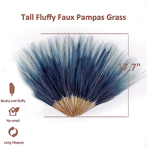 Blue Pampas Grass Decor, 30 Pcs 17" Faux Pampas Grass Short Decor, Pompas Grass Flower Arrangement and Vase Filler for Boho Home Wedding Decoration - color: Navy Blue Gradient, size: 17'' Tall