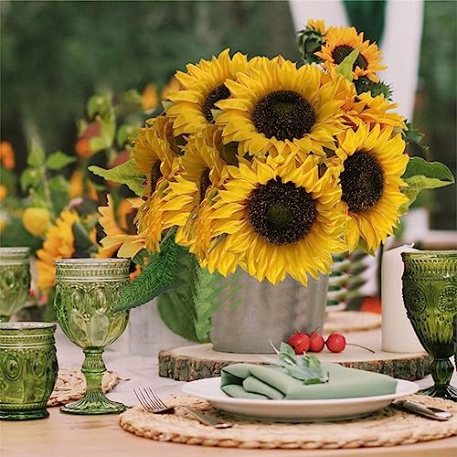 12PCS Sunflowers Artificial Flowers Silk Flower with Plastic Soft Rod Stems Yellow Sunflower Bridal Wedding Bouquet Decorations for Home Wedding Party Birthday Bulk Dark Center Single