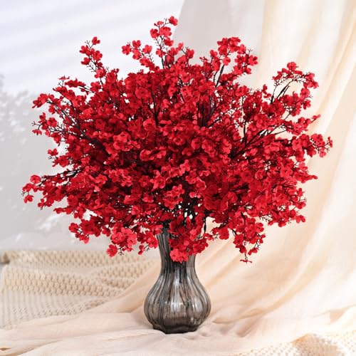 Waipfaru Red Fake Flowers, 15 Pcs Babys Breath Artificial Flowers, Real Touch Silk Flowers Fall Stems for Spring Summer Fall Thanksgiving Christmas Decor Floral Arrangement - color: Red, size: 15pcs