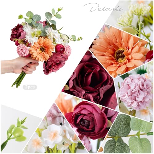Zerzsy Artificial Flower Small Bouquet, 2 Bouquets Mixed Purple Artificial Peonies, Fake Flowers Bride Holding Flower Faux Flora for Bride Spring Home Desk Table Centerpiece Decor - color: Purple-4, size: 2 Bouquets