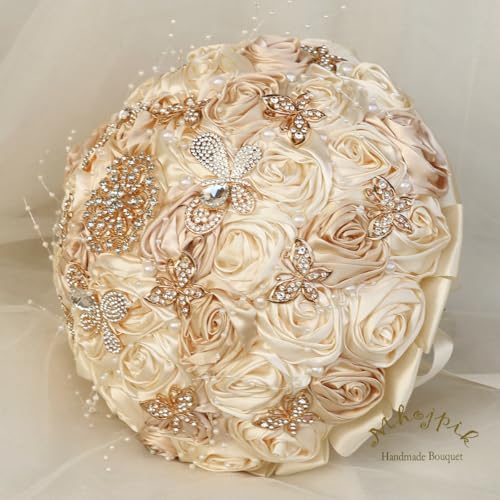 Handmade Wedding Flowers Bouquet Round Holding Bridal Bouquet Artificial Satin Roses Bunch for Bride Bridesmaid Wedding Quinceanera - color: Cream & Camel, size: Large (Dia. 9.8"/25cm)