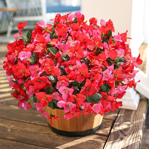 Artificial Flowers for Outdoors Outside Spring Summer Decor, 4 Bundles Silk Bougainvillea Fake Plants Faux Outdoor Flowers for Planters UV Resistant Realistic for Porch Window Garden Home, RedHotpink - color: Redhotpink