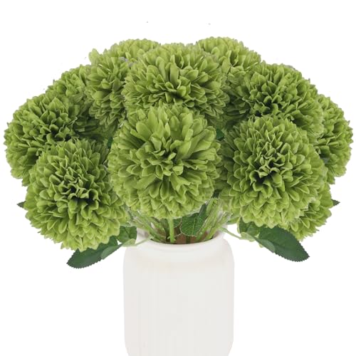 Hananona 12 Pcs Artificial Chrysanthemums Flowers Ball Flower, Fake Mums Flowers Green Silk Flowers for Home Decor Indoor Floral Arrangement St Patricks Day Table Centerpiece (12, Green) - color: Green
