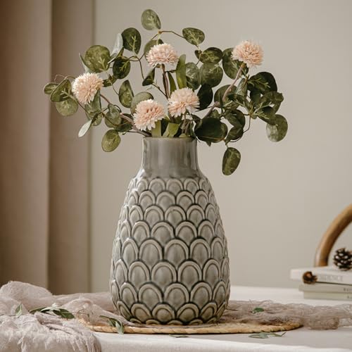 Ceramic Flower Vase, 9.06” Rustic Farmhouse Decorative Vase for Home Decor, Gray Textured Pottery Vase for Pampas Grass, Living Room, Entryway, Mantel, Kitchen Table, Centerpiece - color: 402-grey