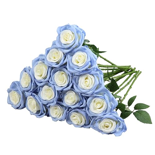 15pcs Fake Roses Artificial Silk Flowers Faux Rose Flower Long Stems Bouquet for Arrangement Wedding Centerpiece Party Home Kitchen Decor - color: 15pcs Light Delphinium Blue