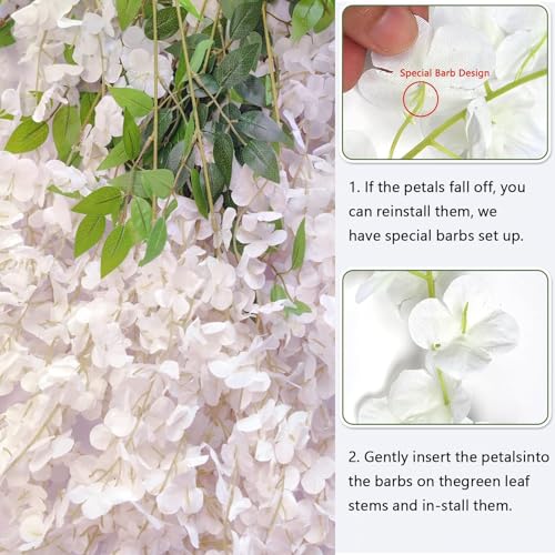 12Pcs Artificial Wisteria Flowers 3.6 Feet/Piece White Dense Artificial Fake Wisteria Vine Ratta Hanging Garland Silk Flowers String Home Party Wedding Decor(White-Dense) - color: White-dense, size: 12 PCS