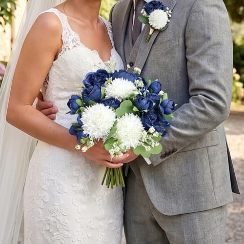 16 Bundles Artificial Flowers Peonies Bulk, Navy Blue Silk Fake Flower for DIY Bouquet Faux Peony Floral Arrangements for Vase Centerpiece Home Wedding Party Centerpiece - color: Navy Blue & White