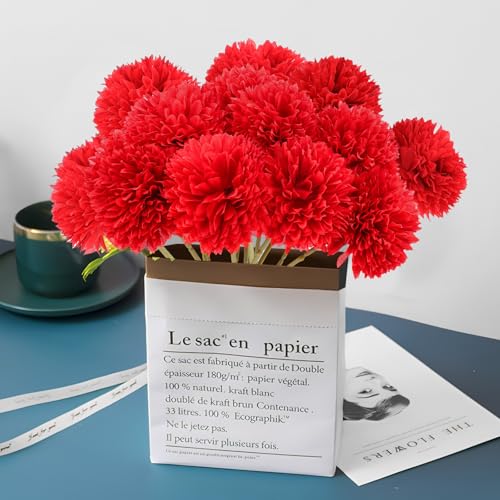 Rowfad 12 Pcs Artificial Chrysanthemums Flowers Silk Red Ball Flowers Fake Mums Flowers for Christmas Wedding Floral Table Centerpiece Home Decor (12, Red) - color: Red