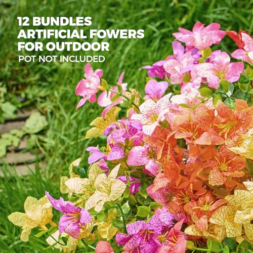 Artificial Flowers for Outdoors Patio Decoration 12 Bundles Fake Flower Lily UV Resistant Faux Plants Yard Garden Porch Home Boxwood Planter Patio Decor, Mix Pink Purple Yellow Orange Red Flower - color: B 6 Mix Colors Lily 12pcs