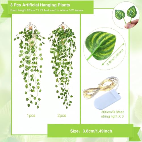 3 Packs LED Artificial Hanging Plants, 3.6 ft Fake Hanging Plant, Ivy Vine Fake Leaves Greeny Chain Wall Home Room Garden Wedding Garland Outside Decor (Basket Not Included) (Watermelon Leaves Style) - color: Watermelon Leaves Style