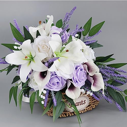 Emivery Bridal Bouquets for Wedding, Artificial Lavender Calla Lily Cascading Wedding Bouquet Real Touch Flowers for Wedding Ceremony Bridal Shower Home Decor