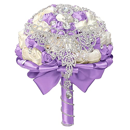 XINNI Handmade Bridal Wedding Bouquet Bride Bridesmaid Satin Rose Flower Bouquet with Drop-Shaped Rhinestone Wedding Decoration (Light Purple+Ivory) - color: Light Purple+ivory