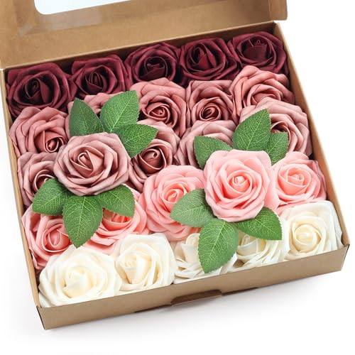 SITUMEIZI Artificial Flowers Fake Rose Foam Burgundy Roses with Stems Wine Red Rose for DIY Wedding Flowers Bridal Shower Table Centerpieces Party Decor Christmas Tree 25Pcs - color: Wine-white