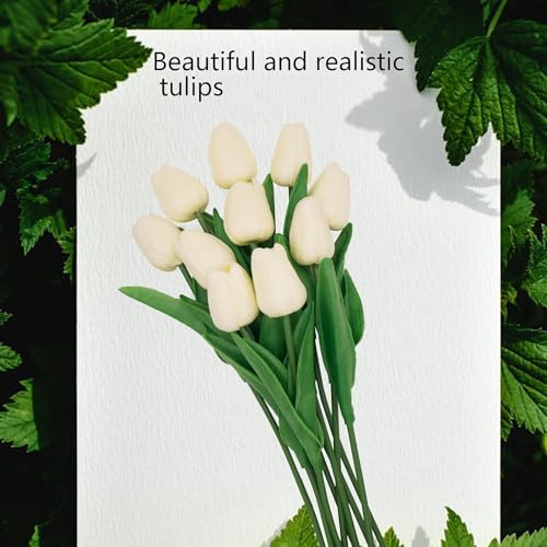 10 Pcs Faux Tulips Artificial Flowers with Stems, 13 Inch Artificial Tulips Flower Realistic for Wedding Bouquet, Table Centerpiece, Birthday Party (Milk White) - color: Milk White