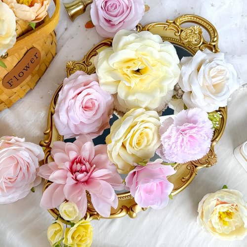 Creamy Yellow Pink Silk Artificial Flowers Combo Box Set Pastel Roses Flowers Dahlia DIY Bridal Wedding Bouquets Cake Boho Fake Floral with Stems Arrangements Baby Shower Party Table Centerpieces - color: Pink, Yellow