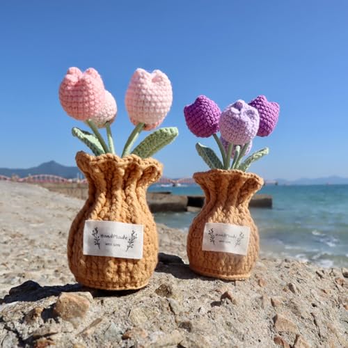 Tulip Crochet Flower Potted Plant Handmade Desk Decor Gift - color: D-tulip-pink