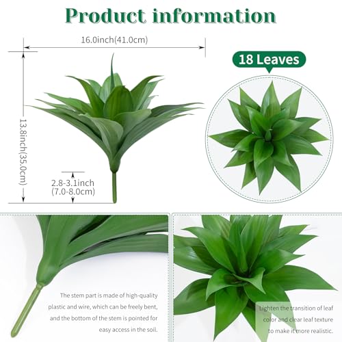 2 Pack 16 Inch Artificial Agave Plant - Large Faux Succulent Steams for Indoor Outdoor Decorating, UV Resistant Realistic Tropical Greenery for Garden Front Porch Aesthetic Decor - 18 Leaves, Green - color: Green, size: 16"- 2pcs
