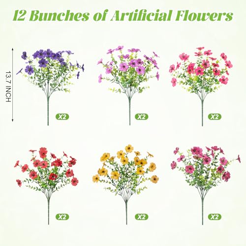 Ammyoo Artificial Flowers for Outdoors Spring Decoration, 12 Bundles Fake Flower Daisy with Realistic Eucalyptus Leaves, Faux Plants for Greenery Boxwood Porch Patio Garden Pot Lawn - color: Purple Deep-purple Rose-red Pink Yellow Red