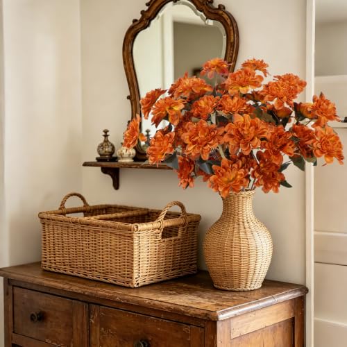 16 PCS Dahlia Artificial Flowers Burnt Orange Silk Bouquet Faux Mums Flowers Arrangement Terracotta Decor Fall Fake Flowers for Home Centerpieces Tables Kitchen Wedding Decoration - color: Burnt Orange