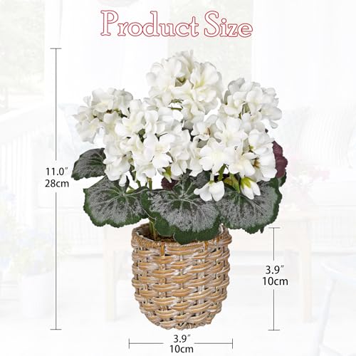 Briful Artificial White Geranium Flowers in Woven Basket, 11’’ Tall Silk Flower Arrangement, Realistic Geraniums Artificial Outdoor Plants for Home Indoor Farmhouse Table Wedding Centerpiece Decor - color: 11'' Tall White, Woven Basin
