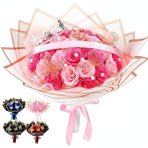 Thiccywoov 36 Pcs Glitter Roses Bouquet Graduation Artificial Rose DIY Flower Bouquet Kit Flower Wrapping Paper 3D Butterflies Crowns for Mom Mother Teacher Birthday (Light Pink,Dark Pink) - color: Light Pink,dark Pink