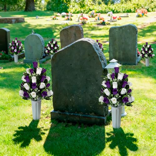 Artificial Cemetery Flowers - Set of 2 Grave Memorial Rose Flowers with Vase for Cemetery Headstones Gravesites Decoration (Purple & White) - color: Purple & White