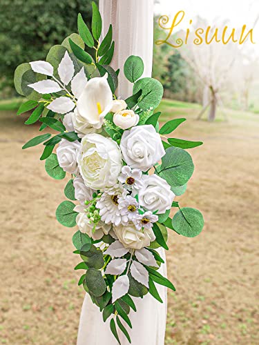 Lisuun Artificial Wedding Arch Flowers with Chiffon Runner, Pack of 3 | Includes 2 Flower Swags, 1 20ft Chiffon Runner and Zip Ties for Wedding Arches, Arbors and Backdrops - color: Pure White & Ivory White
