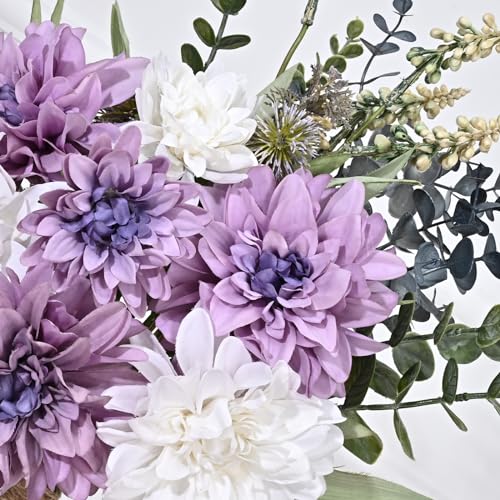 MARTINE MALL Fake Flowers in Vase, Faux Flowers in Vase, Dahlia Artificial Flowers in Vase Centerpiece Table Decorations Artificial Flower Arrangement for Home Dining Room Office Farmhouse - color: Purple Dahlia