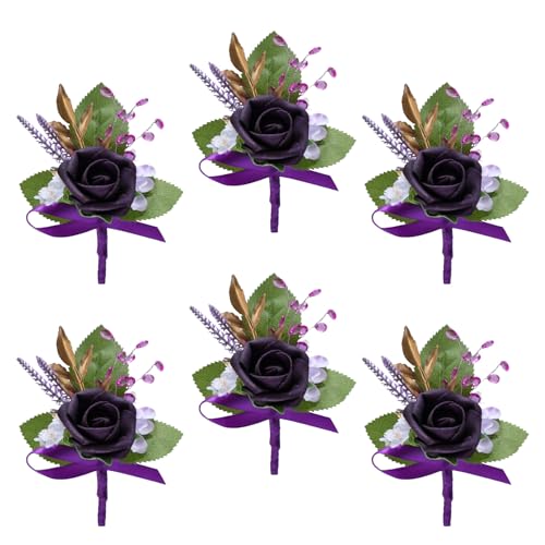 Marriwise 6pcs Rose Boutonniere for Men, Artificial Flowers Wedding Groom Groomsmen Boutonniere for Wedding/Anniversary/Prom/Rustic Wedding/Homecoming (Dark Purple) - color: Dark Purple