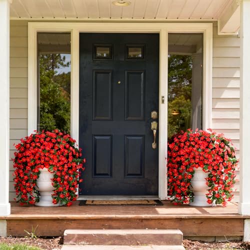 HyeFlora Artificial Fake Hanging Plants Flowers for Outdoor Outside Spring Decoration, 2 PCS Faux Silk Daisy Red Orchid Vines UV Resistant Realistic for Home Indoor Porch Patio Balcony - color: Red