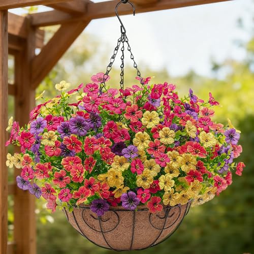 Artificial Faux Hanging Flowers Plants Basket for Outdoors Outside Spring Summer Decoration,Hanging Planters with Silk Fake Flowers Realistic UV Resistant Balcony Porch Garden Patio Home(4 Multicolor) - color: 4 Mix(red+yellow+purple+orange)