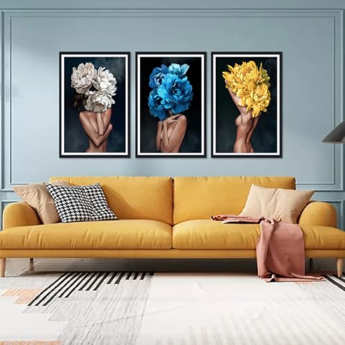 Flower Head Woman Canvas Wall Art Sexy Women Nude Posters Wall Decor Girls with Colorful Flowers Prints Artwork for Living Room Bedroom Bathroom Hotel Framed Ready to Hang 24x36inchx3pcs - color: Art01, size: 24x36x3Pcs Black Framed