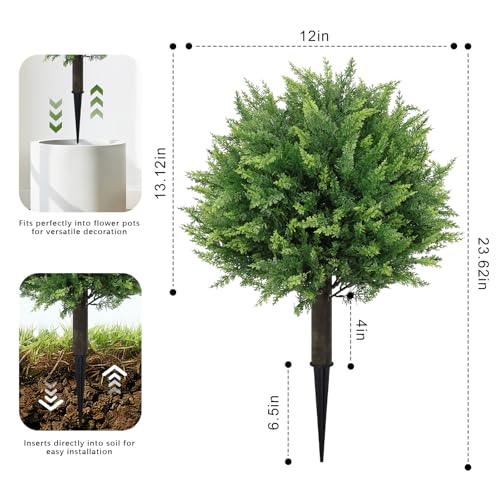 THE BLOOM TIMES Artificial Outdoor Plants, UV Resistant Fake Bushes & Shrubs with Ground Spike, Faux Cedar Topiary for Front Porch Outside Planter Decor Set of 2, Overall 24" - color: Cedar