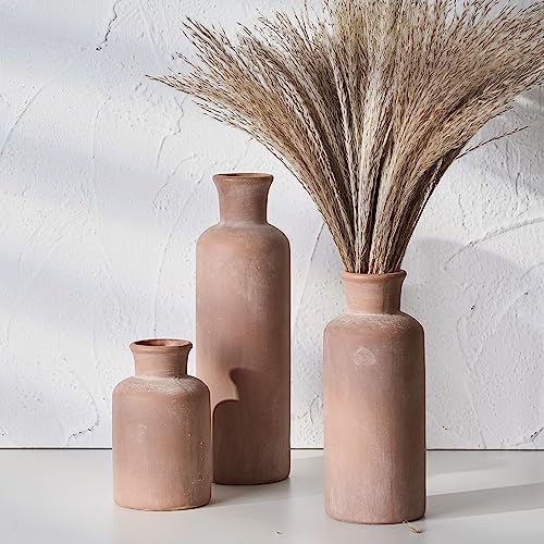 LUKA Ceramic Rustic Farmhouse Vase,Terracotta Vases for Decor,Vase Set of 3,Vases for Your Bedroom,Office,Living Room,Fireplace,Bookshelf Decor,Housewarming 10+7.5+5 Inch - color: Terracotta