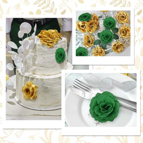 108pcs Roses Head Flowers with Stem - Emerald Green Gold Artificial Flowers Rose Bulk - Silk Rose Fake Flower for Wedding Bouquet Decor DIY Baby Shower Centerpieces St Patrick's Day Decoration - color: Green-gold