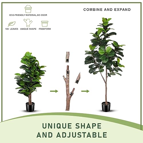 LYERSE Artificial Fiddle Leaf Fig Tree - 6.5ft Faux Ficus Lyrata Plant with 108 Fiddle Leaves Fake Fig Silk Tree in Pot Artificial Tree for Indoor Outdoor Home Office Perfect Housewarming - size: 6ft 6in