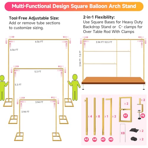 Square Backdrop Stand, Wedding Arch Heavy Duty Adjustable Stand, Over The Table Rod Stand with Clamps, Metal Gold Garden Balloon Frame for Baby Shower Party Decoration - size: 2-IN-1 6.5 FT