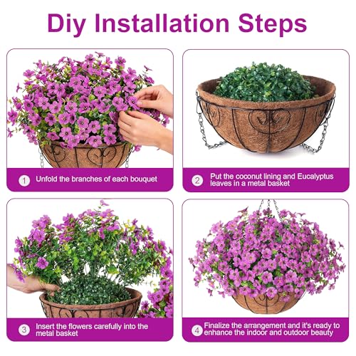 HyeFlora 2 Set Artificial Outdoor Flowers Hanging Basket, Faux Hanging Plants for Outside Spring Decoration, Fake Silk UV Resistant Look Real Daisy for Porch Patio Home Decor - color: Purple