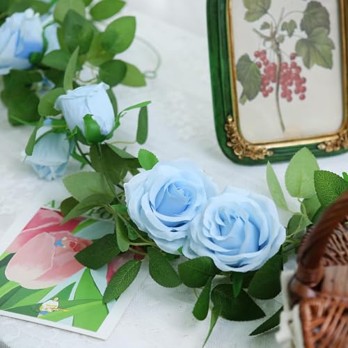 Felice Arts 2 Pack Light Blue Artificial Floral Garland Each 6.5FT Fake Rose Vine Hanging Spring Garland for Wedding Flowers Table Arrangement Room Teepee Mirror Decor - color: Lightblue