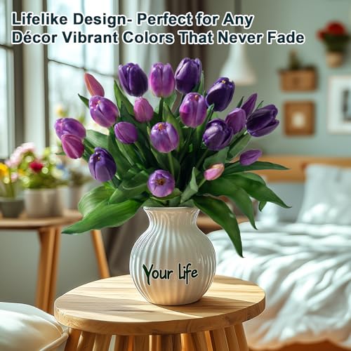 Bailikang 20PCS Fake Tulips 12' Artificial Tulip Silk Flowers Fake PU Bouquet Artificial Flowers Faux Flowers with Gift Box Soft Faux Tulips Bouquets Arrangements for Party Wedding Home - color: Purple+light Purple