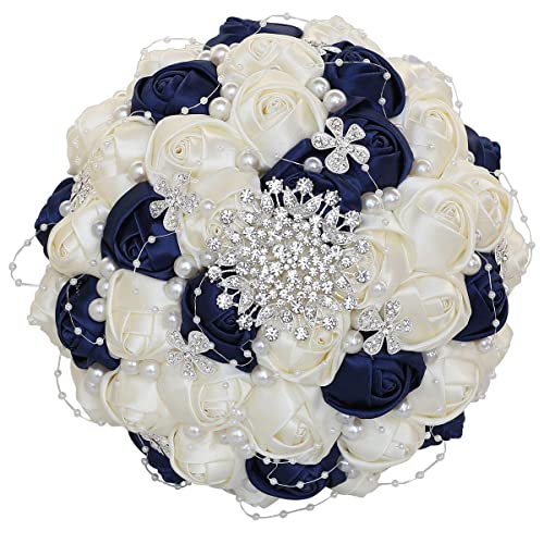 Big Size (8.26") Handmade Diamond Wedding Bouquet for Bridal with Pearl Rhinestones Navy Mix Ivory Color Silk Rose Flowers with Ribbon use in Church (Navy Blue+Ivory) - color: Navy Blue With Ivory