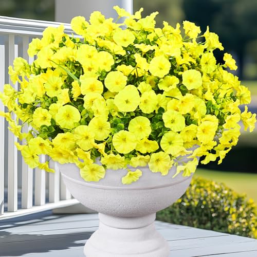 Yastouay Artificial Flowers for Outdoors, 14 Bundles Fake Outdoor Flowers, UV Resistant Artificial Plants & Flowers for Decoration, Yellow Realistic Morning Glory for Outdoor Porch Garden Decoration - color: Yellow, size: 14 Bundles