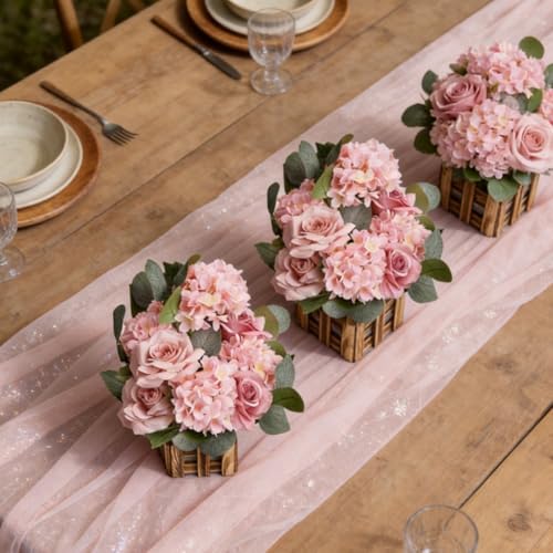 11.8’’ Tall Free Standing Artificial Flowers, 4Pcs Artificial Flowers Arrangement with Basket, Dusty Pink Rose Hydrangea Decorations for Wedding Archway Aisle Welcome Entrance Table - color: Dusty Pink