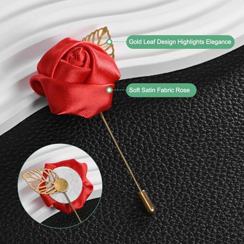 M METERXITY 1-Set Flower Lapel Pins for Men, Golden Leaf Rose Boutonnieres Pin for Wedding/Dance/Party, Mens Lapel Pins for Suits Satin Flower Corsage Hat Pins [Red Set] - color: Wine Red, Bright Red, Watermelon Red, Red Bean Paste