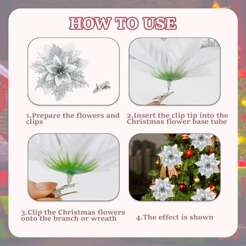 16Pcs Silver Poinsettia Flowers Artificial Christmas Flowers Decorations with Clips, Glitter Poinsettia Christmas Decorations for Xmas Tree Ornaments Winter Party Wreath Decor - size: 16PC Silver Poinsettia