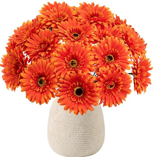20 Pcs Fake Silk Gerbera Daisy Artificial Flowers with Stems Faux Daisies Flower Bulk for DIY Art Crafts Home Wedding Party Vase Centerpieces Tables Garland Wreath Decoration (Orange) - color: Orange
