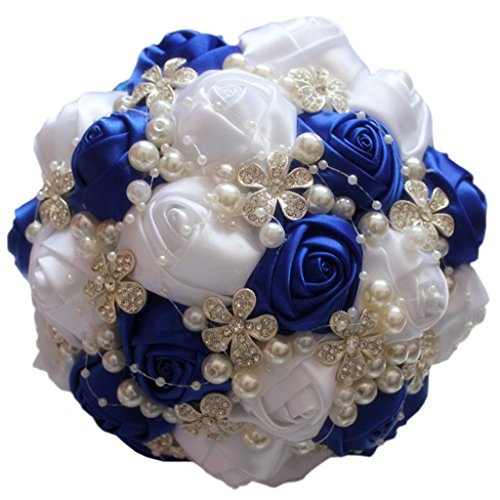 S_SSOY Wedding Bouquet Bride Bridal Brooch Bouquets Bridesmaid Bouquet Diamond Pearl Ribbon Valentine's Day Confession Party Church with Free Corsage Flower, Royal Blue+White - color: Royal Blue+white