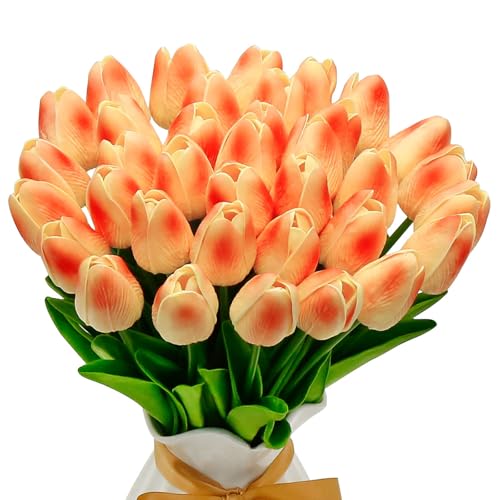 36 Pcs Tulips Artificial Flowers, 13 Inches Real Touch PU Fake Tulips for Wedding Bouquets, Home Decor - color: Champagne